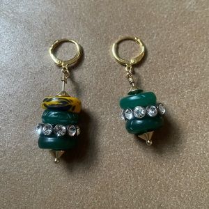 Asymmetrical African bead and rhinestone rondelle hoop earrings